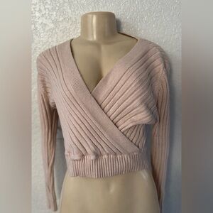 Chic Ribbed Wrap Long Sleeve Top in Blush